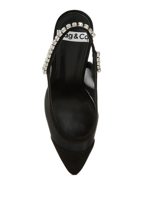 Black Yaga Slingback Stilettos top view highlighting cushioned insole and pointed toe shape