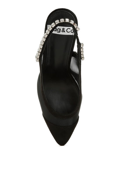 Black Yaga Slingback Stilettos top view highlighting cushioned insole and pointed toe shape