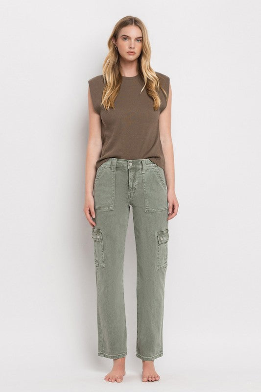 VERVET by Flying Monkey Misha Mid Rise Cargo Straight Jeans in army green, featuring patch pockets, zip fly, and a straight leg silhouette for a versatile look