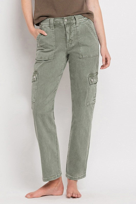 VERVET by Flying Monkey Misha Mid Rise Cargo Straight Jeans in army green, featuring patch pockets, zip fly, and a straight leg silhouette for a versatile look