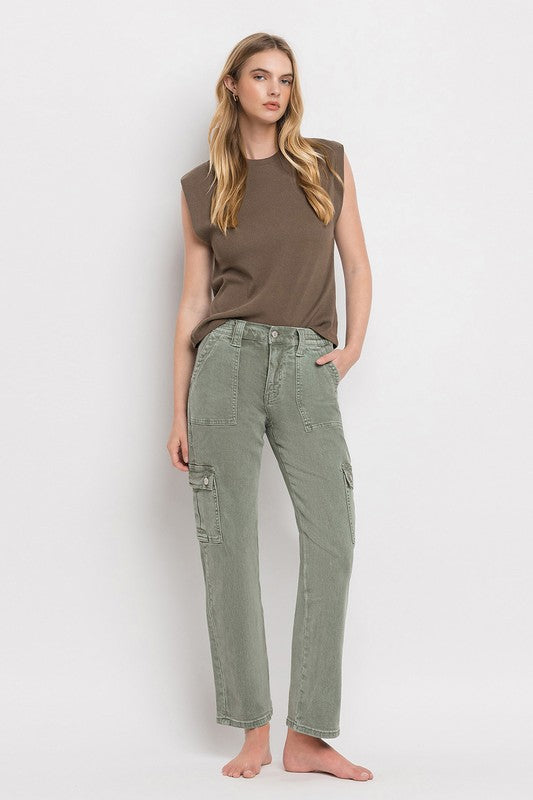 VERVET by Flying Monkey Misha Mid Rise Cargo Straight Jeans in army green, featuring patch pockets, zip fly, and a straight leg silhouette for a versatile look