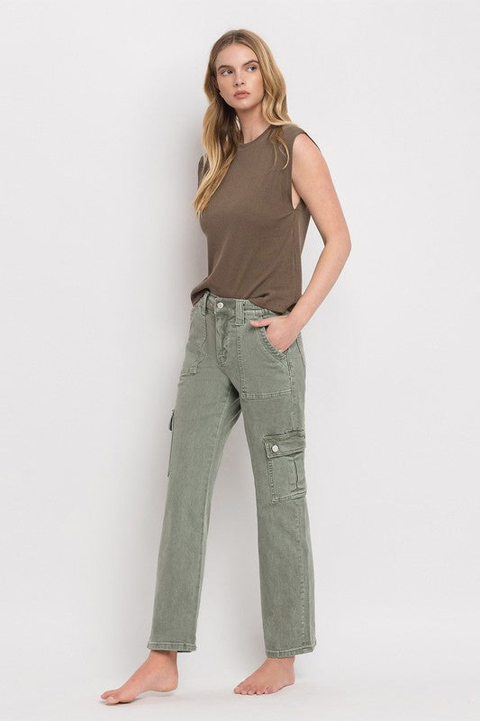 VERVET by Flying Monkey Misha Mid Rise Cargo Straight Jeans in army green, featuring patch pockets, zip fly, and a straight leg silhouette for a versatile look