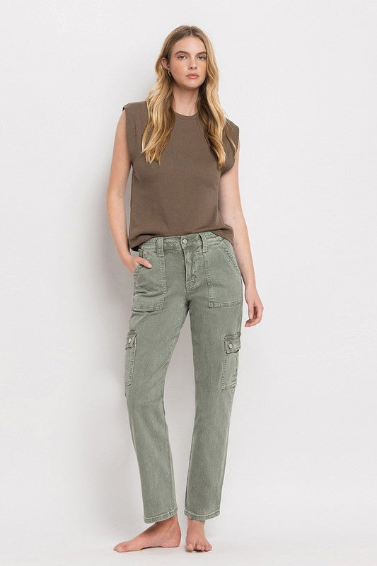 VERVET by Flying Monkey Misha Mid Rise Cargo Straight Jeans in army green, featuring patch pockets, zip fly, and a straight leg silhouette for a versatile look