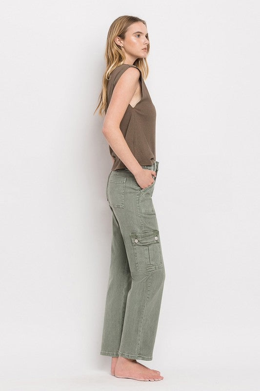 VERVET by Flying Monkey Misha Mid Rise Cargo Straight Jeans in army green, featuring patch pockets, zip fly, and a straight leg silhouette for a versatile look