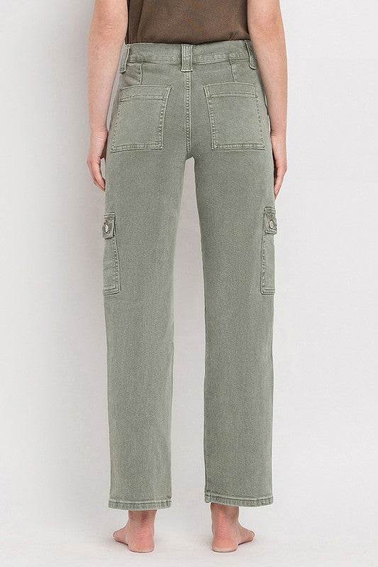 VERVET by Flying Monkey Misha Mid Rise Cargo Straight Jeans in army green, featuring patch pockets, zip fly, and a straight leg silhouette for a versatile look