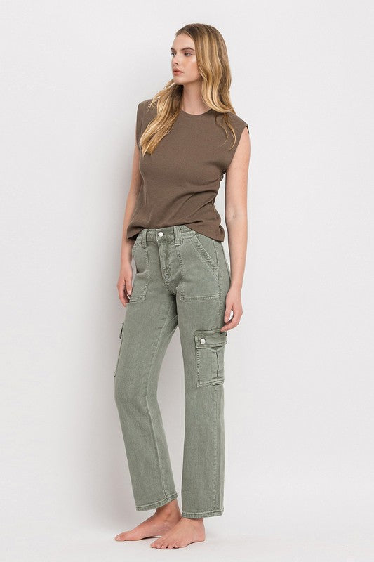 VERVET by Flying Monkey Misha Mid Rise Cargo Straight Jeans in army green, featuring patch pockets, zip fly, and a straight leg silhouette for a versatile look