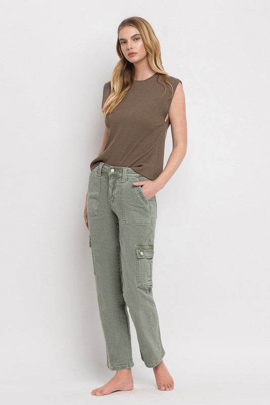 VERVET by Flying Monkey Misha Mid Rise Cargo Straight Jeans in army green, featuring patch pockets, zip fly, and a straight leg silhouette for a versatile look