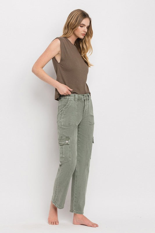 VERVET by Flying Monkey Misha Mid Rise Cargo Straight Jeans in army green, featuring patch pockets, zip fly, and a straight leg silhouette for a versatile look