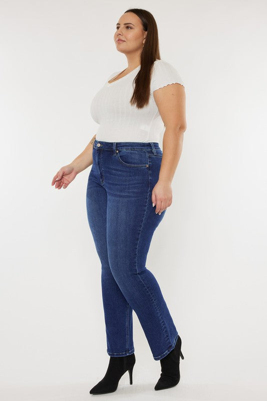 Dark stone wash plus-size slim straight jeans with a high-rise fit, 5-pocket styling, and a zip fly closure.