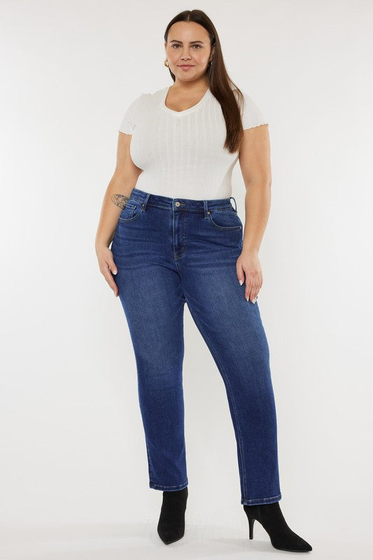 Dark stone wash plus-size slim straight jeans with a high-rise fit, 5-pocket styling, and a zip fly closure.