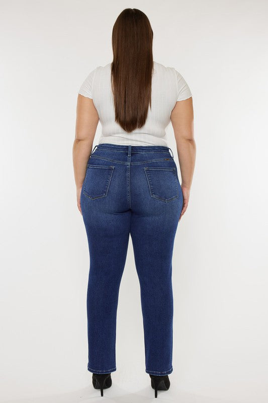 Dark stone wash plus-size slim straight jeans with a high-rise fit, 5-pocket styling, and a zip fly closure.