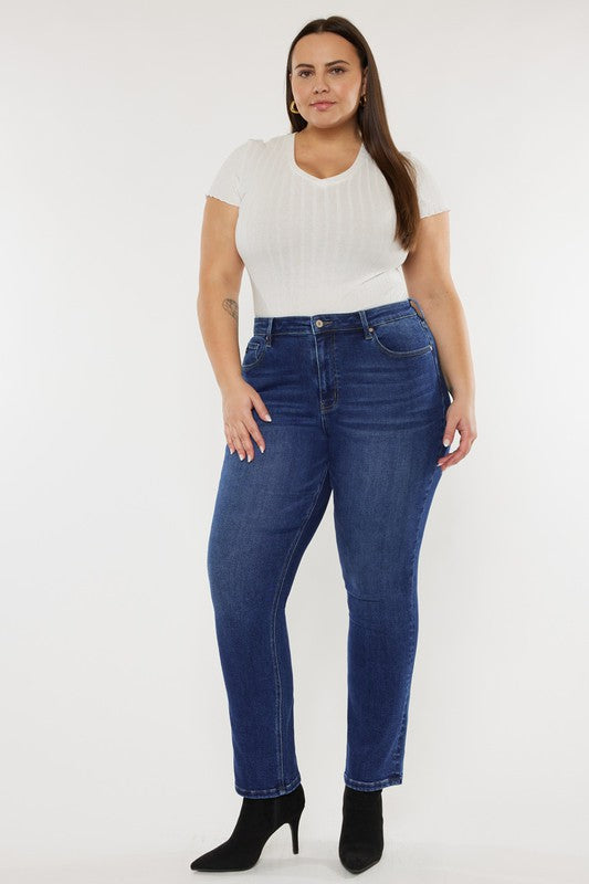 Dark stone wash plus-size slim straight jeans with a high-rise fit, 5-pocket styling, and a zip fly closure.