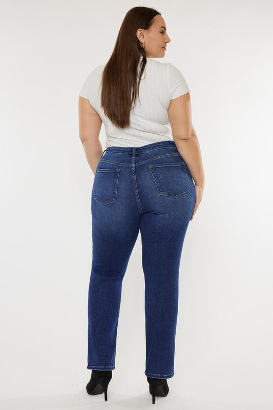 Dark stone wash plus-size slim straight jeans with a high-rise fit, 5-pocket styling, and a zip fly closure.