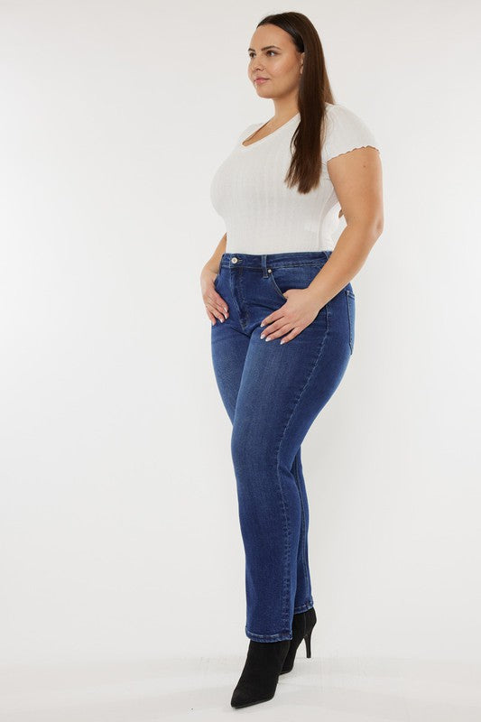 Dark stone wash plus-size slim straight jeans with a high-rise fit, 5-pocket styling, and a zip fly closure.