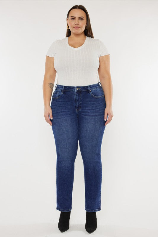 Dark stone wash plus-size slim straight jeans with a high-rise fit, 5-pocket styling, and a zip fly closure.