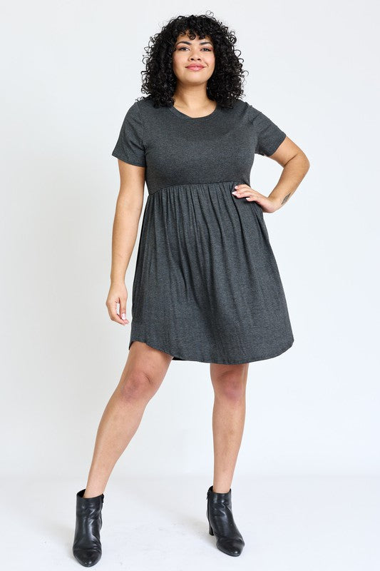 Charcoal short sleeve mini dress with a round neckline.