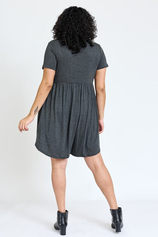 Charcoal short sleeve mini dress with a round neckline.