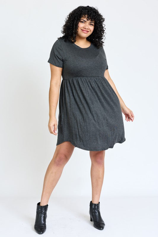 Charcoal short sleeve mini dress with a round neckline.