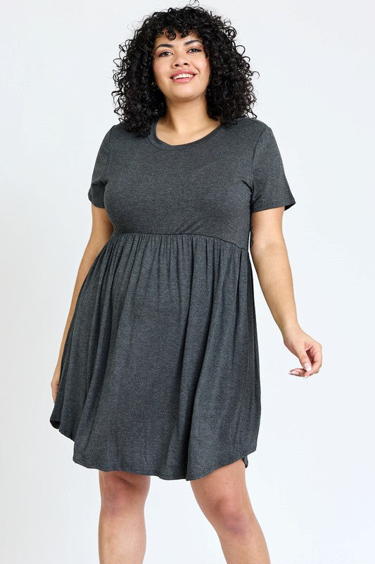 Charcoal short sleeve mini dress with a round neckline.