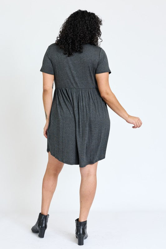 Charcoal short sleeve mini dress with a round neckline.