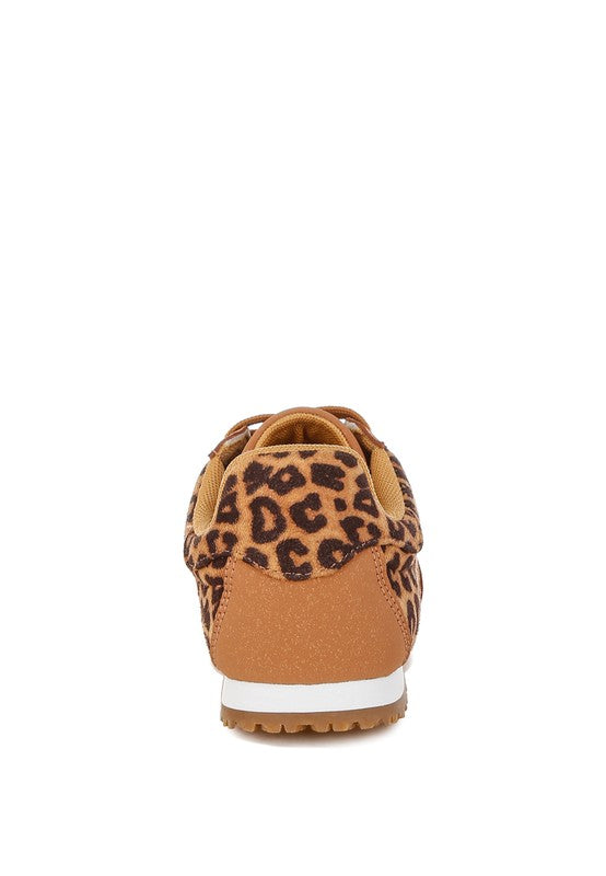 Back view leopard sneakers showing cushioned collar and flat heel
