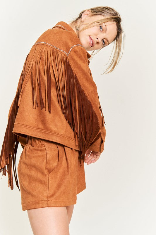 Oakley Suede Fringe Jacket showing soft faux suede finish and western-inspired studs.