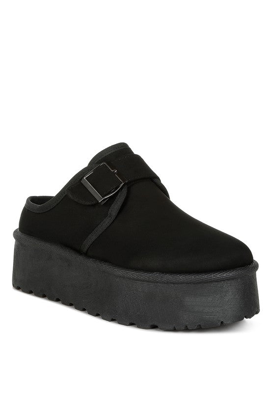 Mayfield Buckle Strap Fur Slip-Ons black front angle with platform sole
