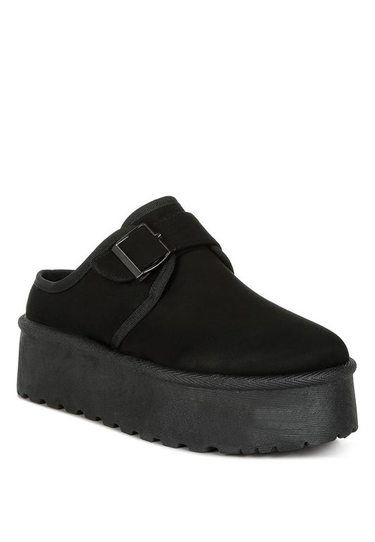 Mayfield Buckle Strap Fur Slip-Ons black front angle with platform sole