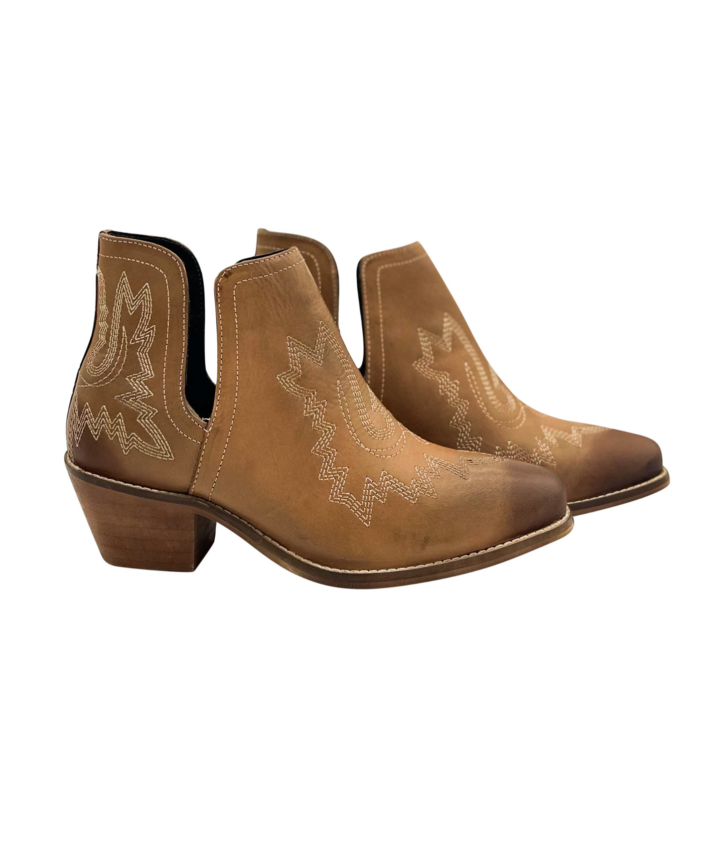 Tan leather booties with Western embroidery, roomy snip toe, cushioned footbed, and ankle slits.