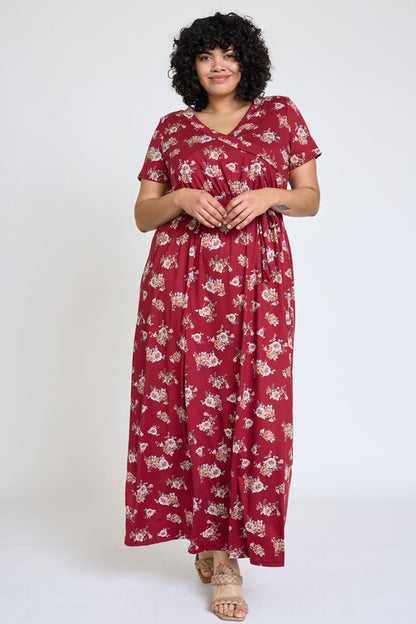 Jenasys Curvy Plus Floral Maxi Dress - Surplice Neckline, Sash Tie, Pink, Burgundy, Gray