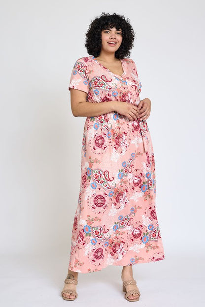 Jenasys Curvy Plus Floral Maxi Dress - Surplice Neckline, Sash Tie, Pink, Burgundy, Gray