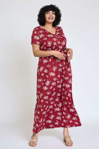Jenasys Curvy Plus Floral Maxi Dress - Surplice Neckline, Sash Tie, Pink, Burgundy, Gray