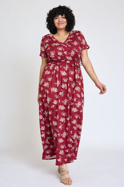 Jenasys Curvy Plus Floral Maxi Dress - Surplice Neckline, Sash Tie, Pink, Burgundy, Gray