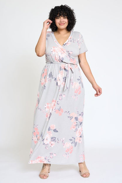 Jenasys Curvy Plus Floral Maxi Dress - Surplice Neckline, Sash Tie, Pink, Burgundy, Gray