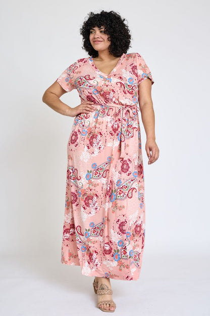 Jenasys Curvy Plus Floral Maxi Dress - Surplice Neckline, Sash Tie, Pink, Burgundy, Gray