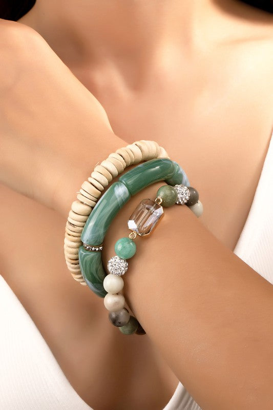 Sylvette Semi Precious Stone, Bar, and Wood Bead Bracelet Set