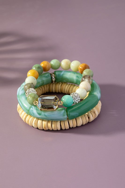 Sylvette Semi Precious Stone, Bar, and Wood Bead Bracelet Set