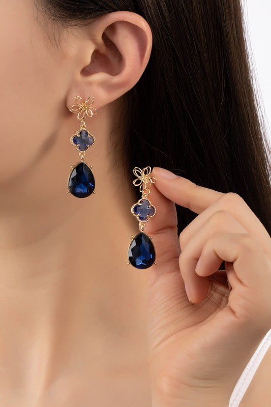 Three Tier Royal Blue Flower Drop Earrings