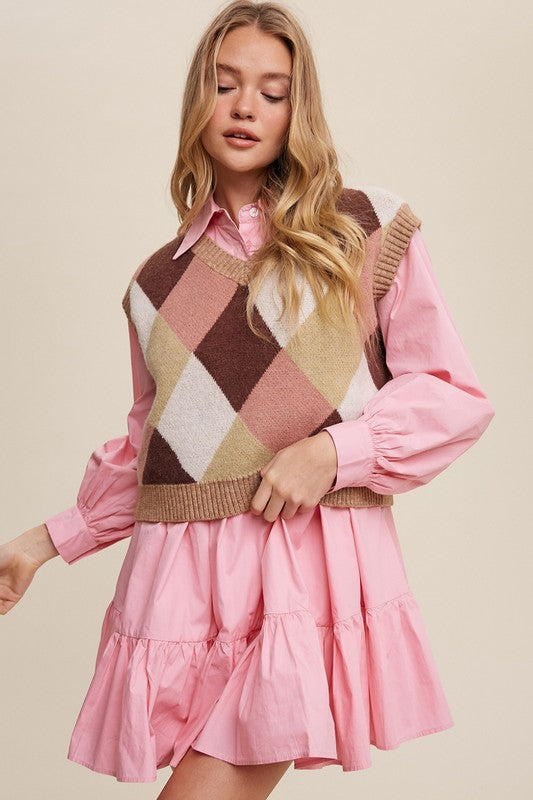 Pink, multi-color patterned sweater vest, oversized fit, with a V-neck and sleeveless design.