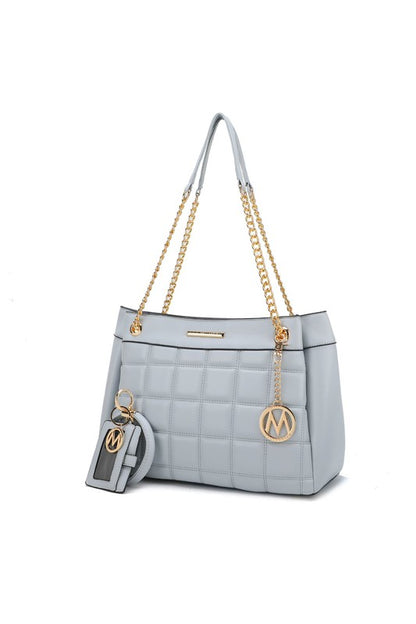 Mabel Quilted Shoulder Bag by MKF in Blue with structured silhouette and gold-tone finish.