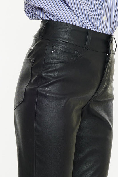 Side angle close up of Luz Faux Leather Jeans showing faux leather texture, high rise waist, and pocket design.