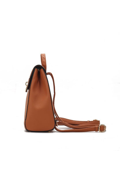 Side profile of brown Sansa backpack showing structured shape and smooth vegan leather finish.