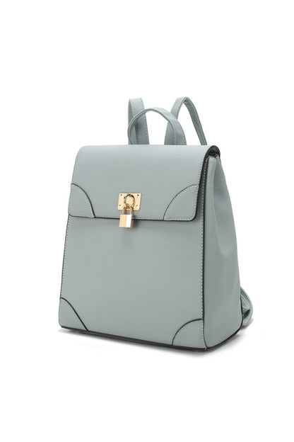 Denim Sansa backpack in textured vegan leather with magnetic snap closure.
