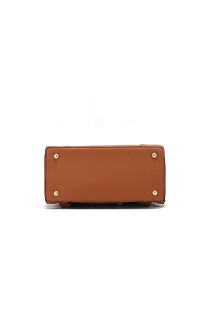 Bottom of brown Sansa backpack with sturdy base and reinforced stitching detail.