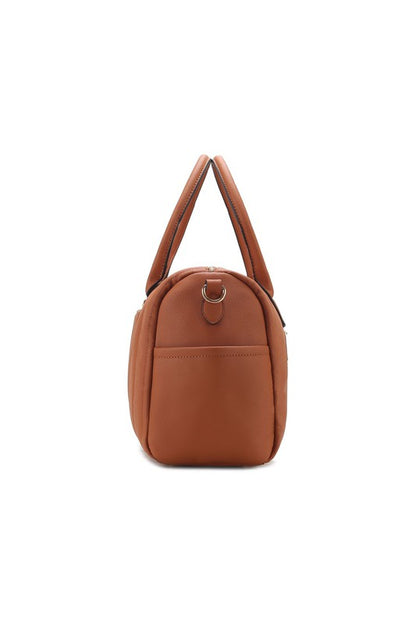 Side view of Luana Quilted Duffle Bag in Brown highlighting side slip pocket and gold-tone details.