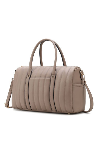 Luana Quilted Duffle Bag in Taupe with gold hardware and roomy interior.