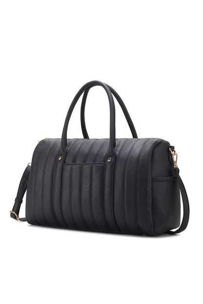 Luana Quilted Duffle Bag in Black with quilted vegan leather and top handles.