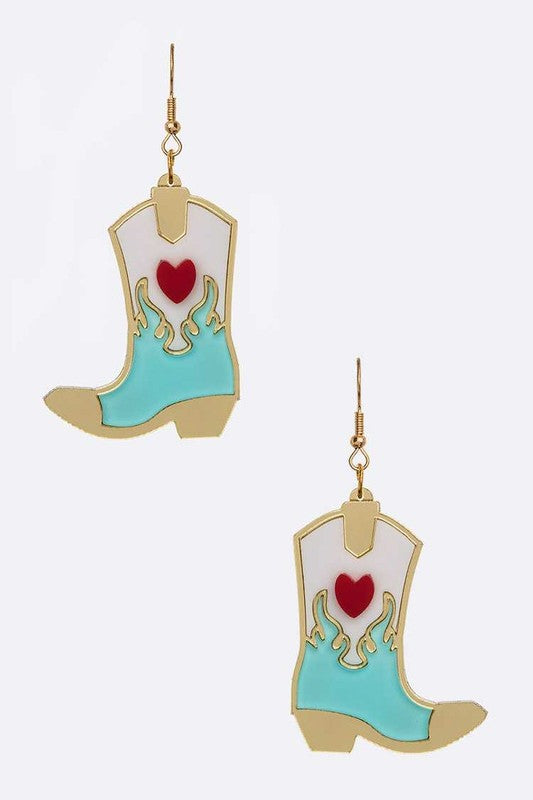 Mint acrylic cowboy boots earrings with a 2.85" drop