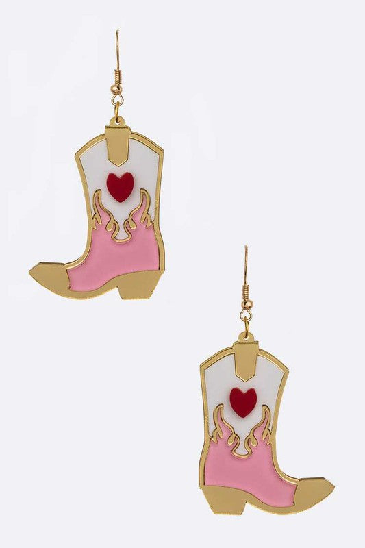 Pink acrylic cowboy boots earrings with a 2.85" drop.