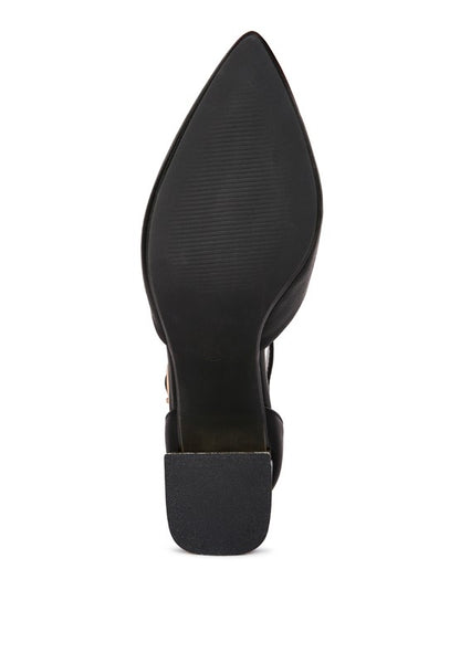 Bottom view of Black Myla Faux Leather Sling Heeled Sandals outsole and heel base